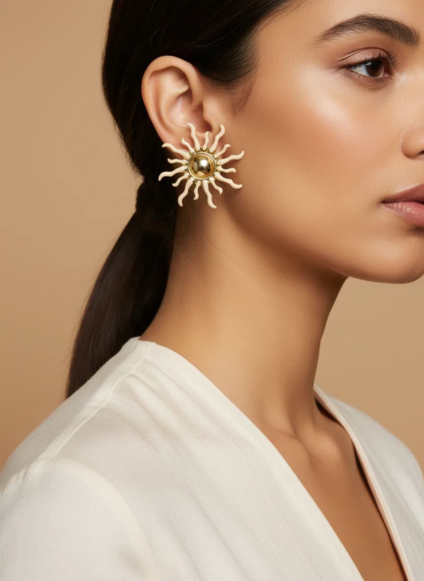 Altın Detaylı Krem Güneş Küpe - Şık ve Parlak Tasarım