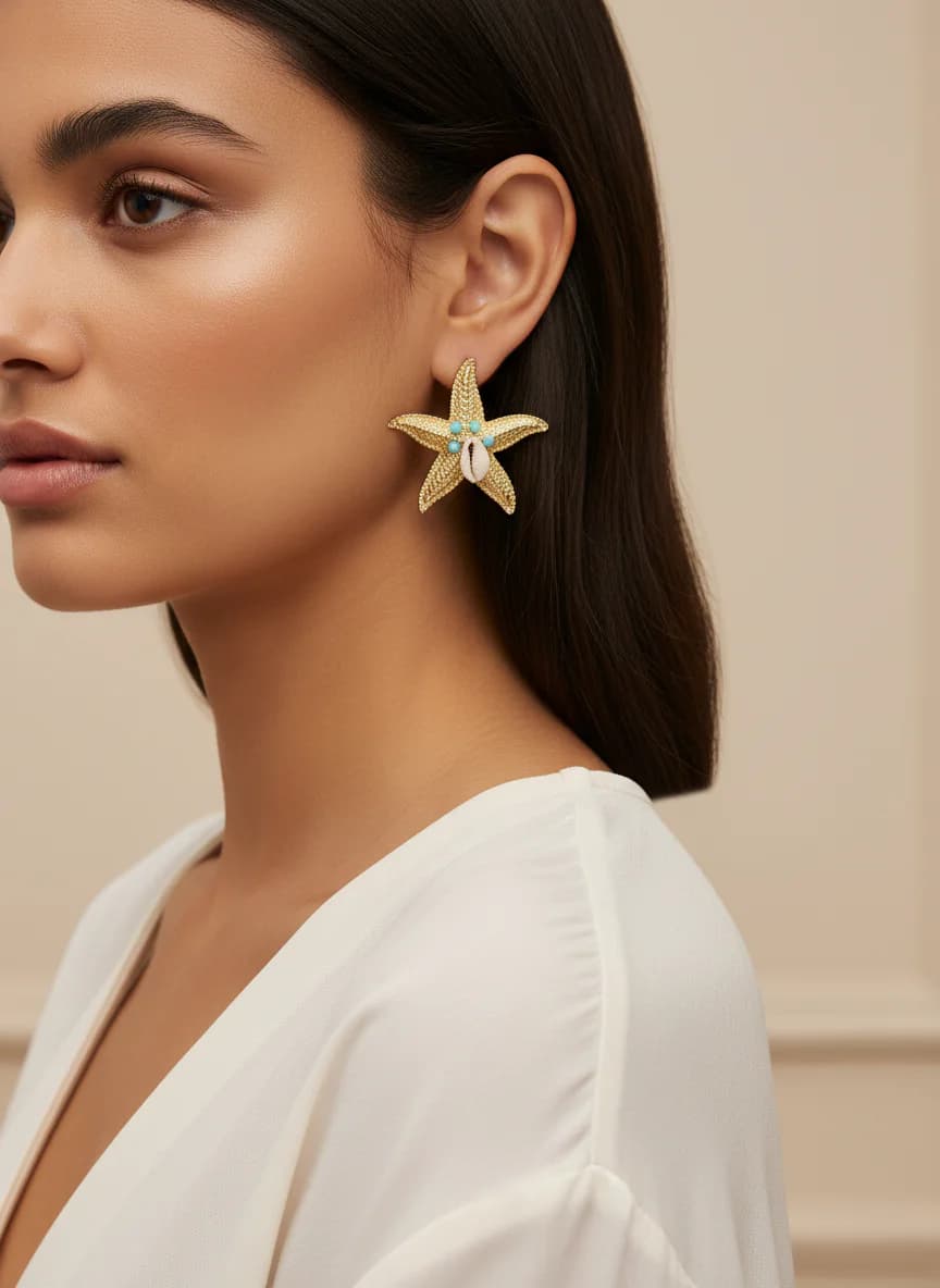 Altın Renk Denizyıldızı Küpe - İstiridye & Turkuaz Taşlı