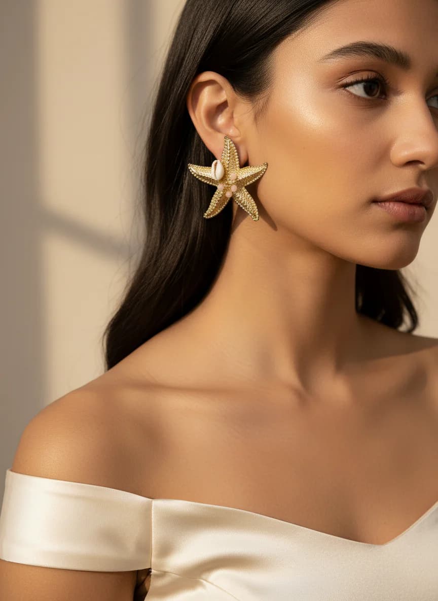 Altın Rengi Deniz Yıldızı Küpe Deniz Kabuklu Pembe Boncuklu