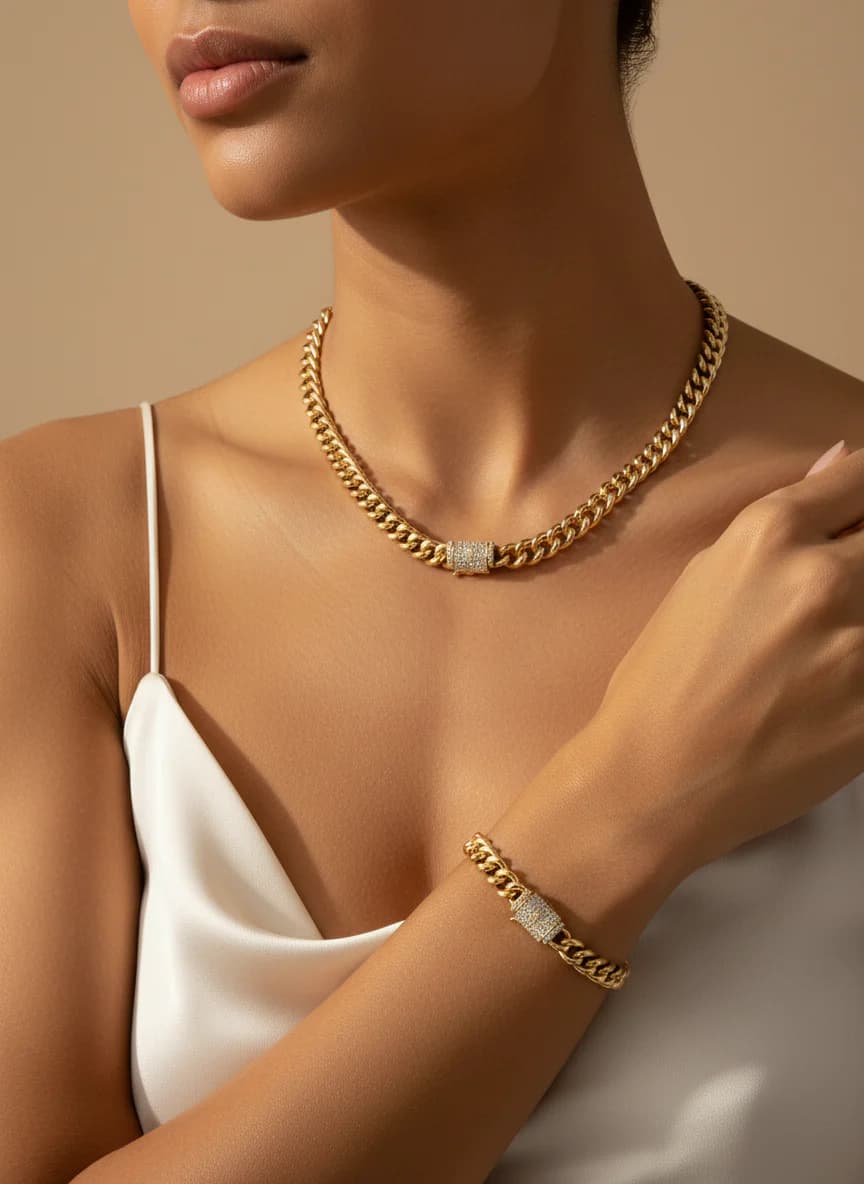 Lüks Altın Küba Zincir Taşlı Kolye Bileklik Seti