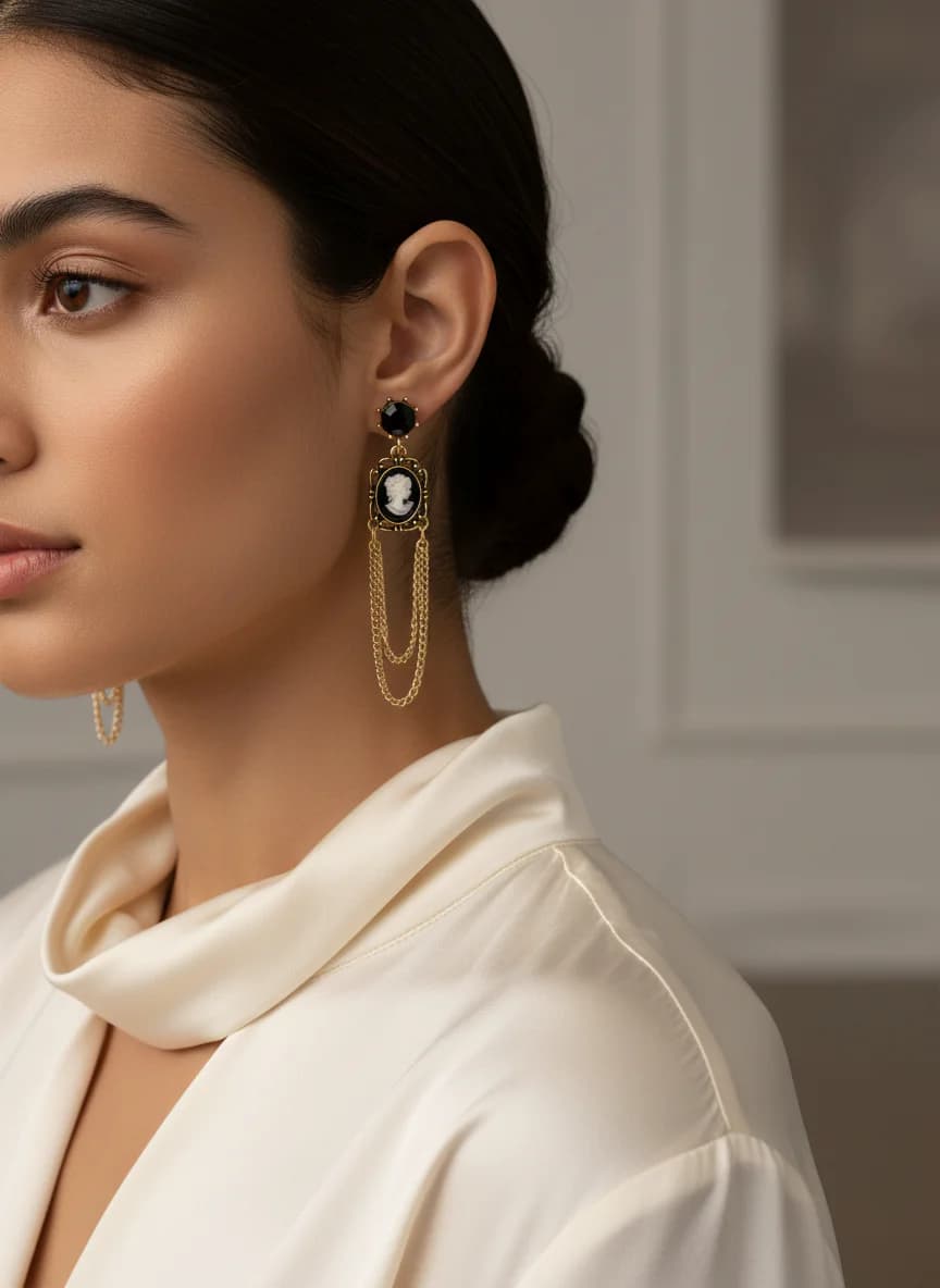 Altın Rengi Zincirli Kamelya Tasarım Sallantılı Küpe