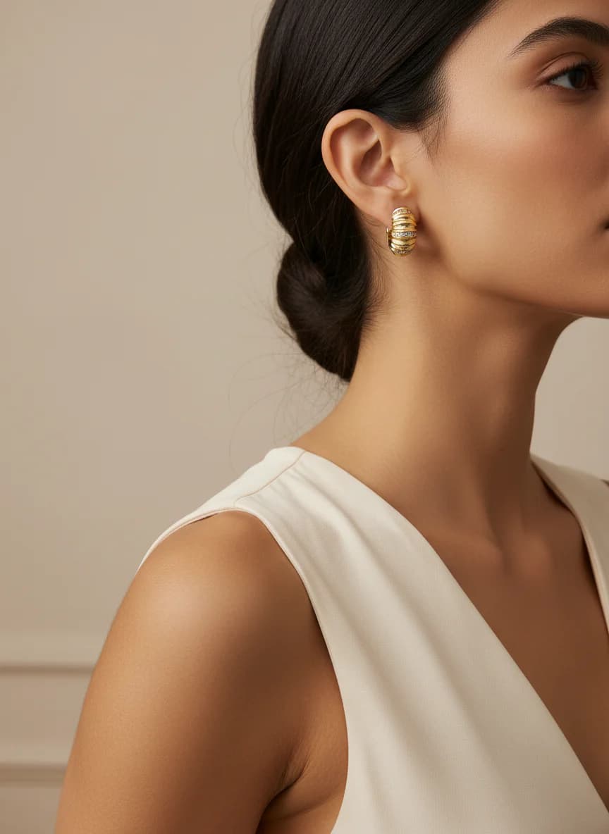 Altın Renk Oluklu Zirkon Taşlı Şık Halka Küpe