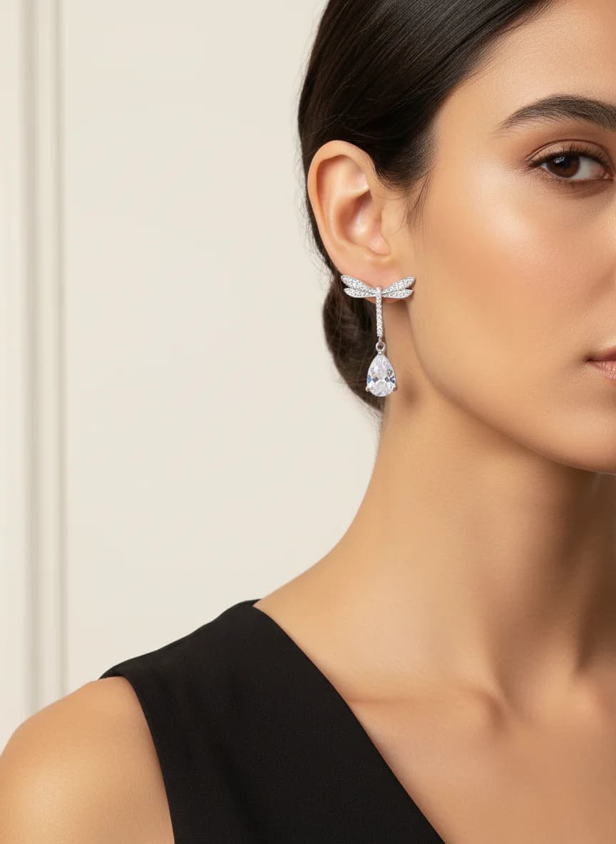 Zirkon Taşlı Yusufçuk Sallantılı Gümüş Rengi Küpe