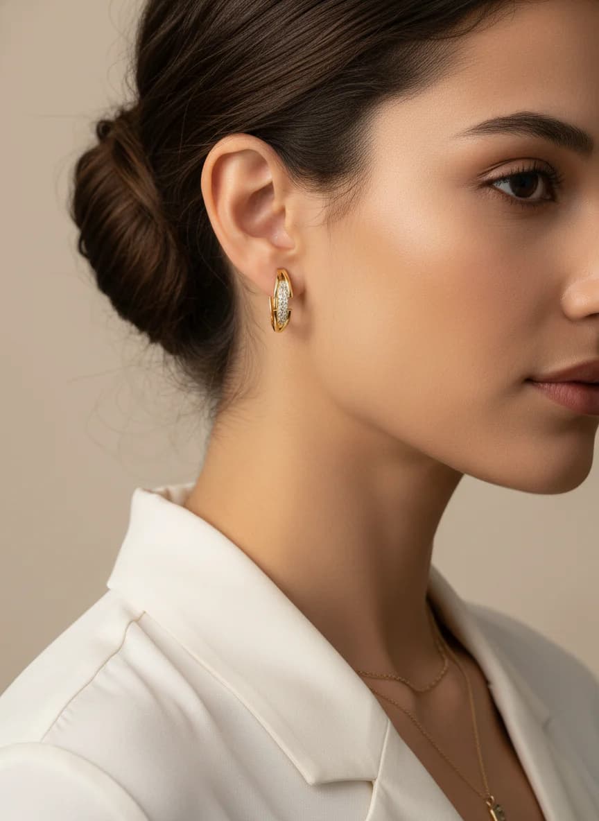 Altın Rengi Taşlı Halka Küpe - Işıltılı Zirkon Tasarım