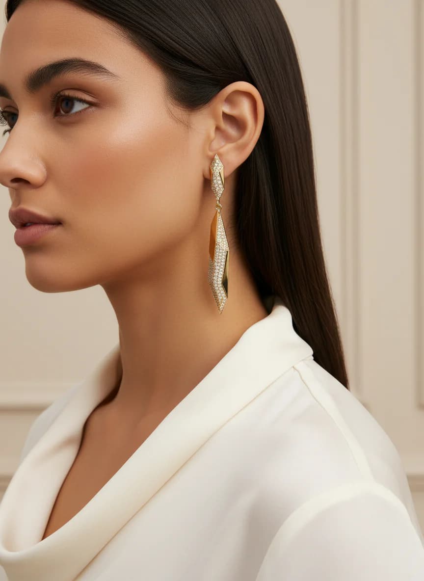 Altın Rengi Geometrik Zirkon Taşlı Sallantılı Küpe