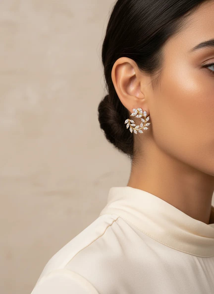 Altın Rengi Yaprak Desenli Zirkon Taşlı Şık Küpe