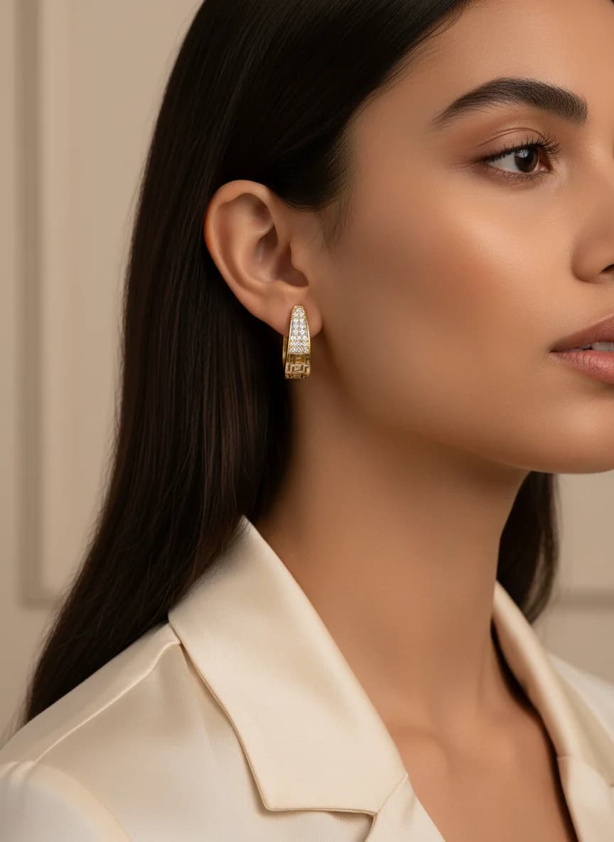 Zarif Taşlı Altın Rengi Grek Desenli Halka Küpe