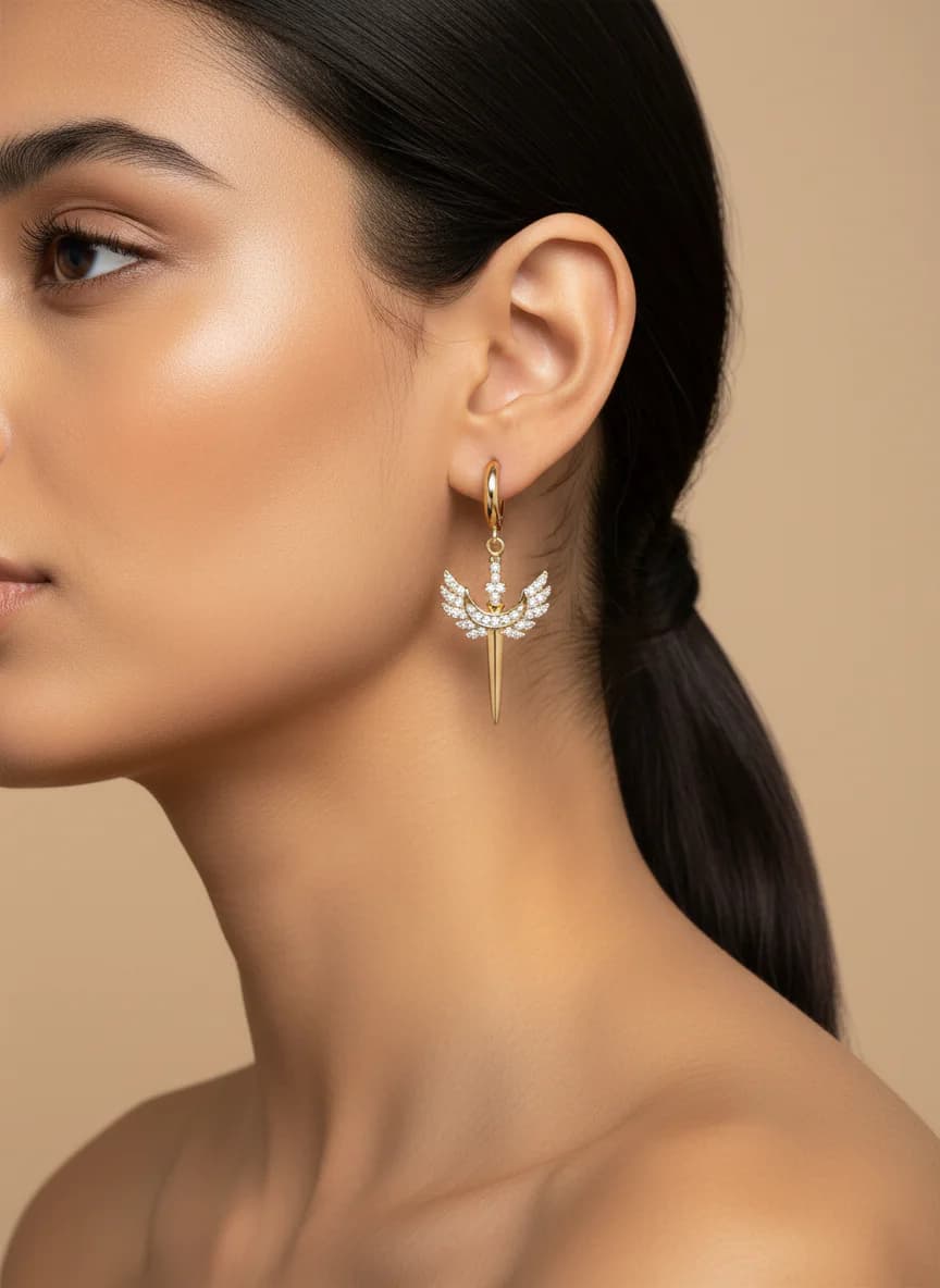 Kanatlı Kılıç Figürlü Zirkon Taşlı Gold Halka Küpe