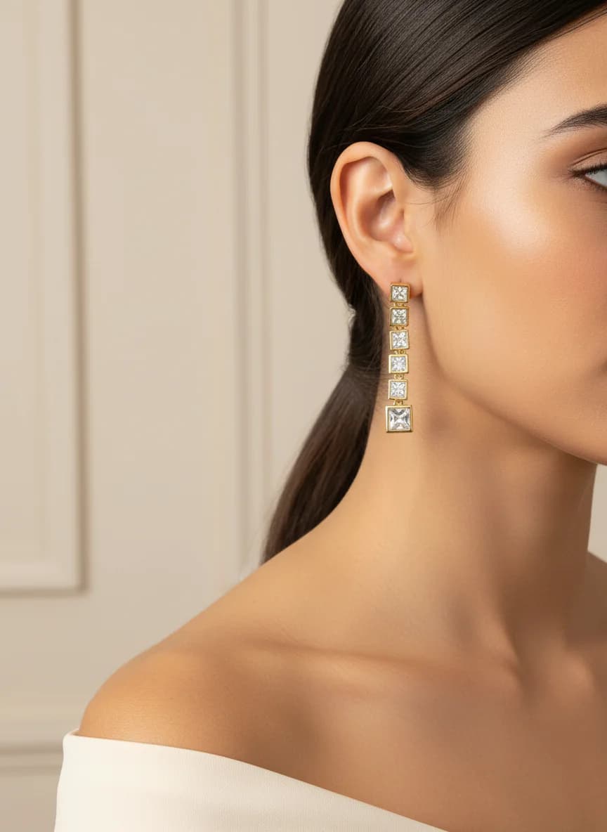 Zarif Altın Rengi Sallantılı Kare Zirkon Taşlı Küpe