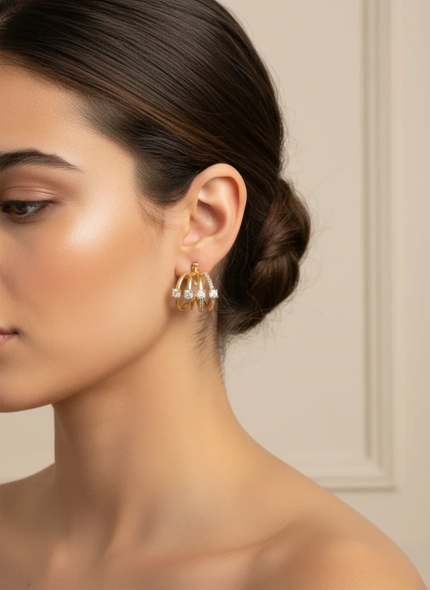 Parlak Zirkon Taşlı Altın Rengi Üçlü Halka Küpe