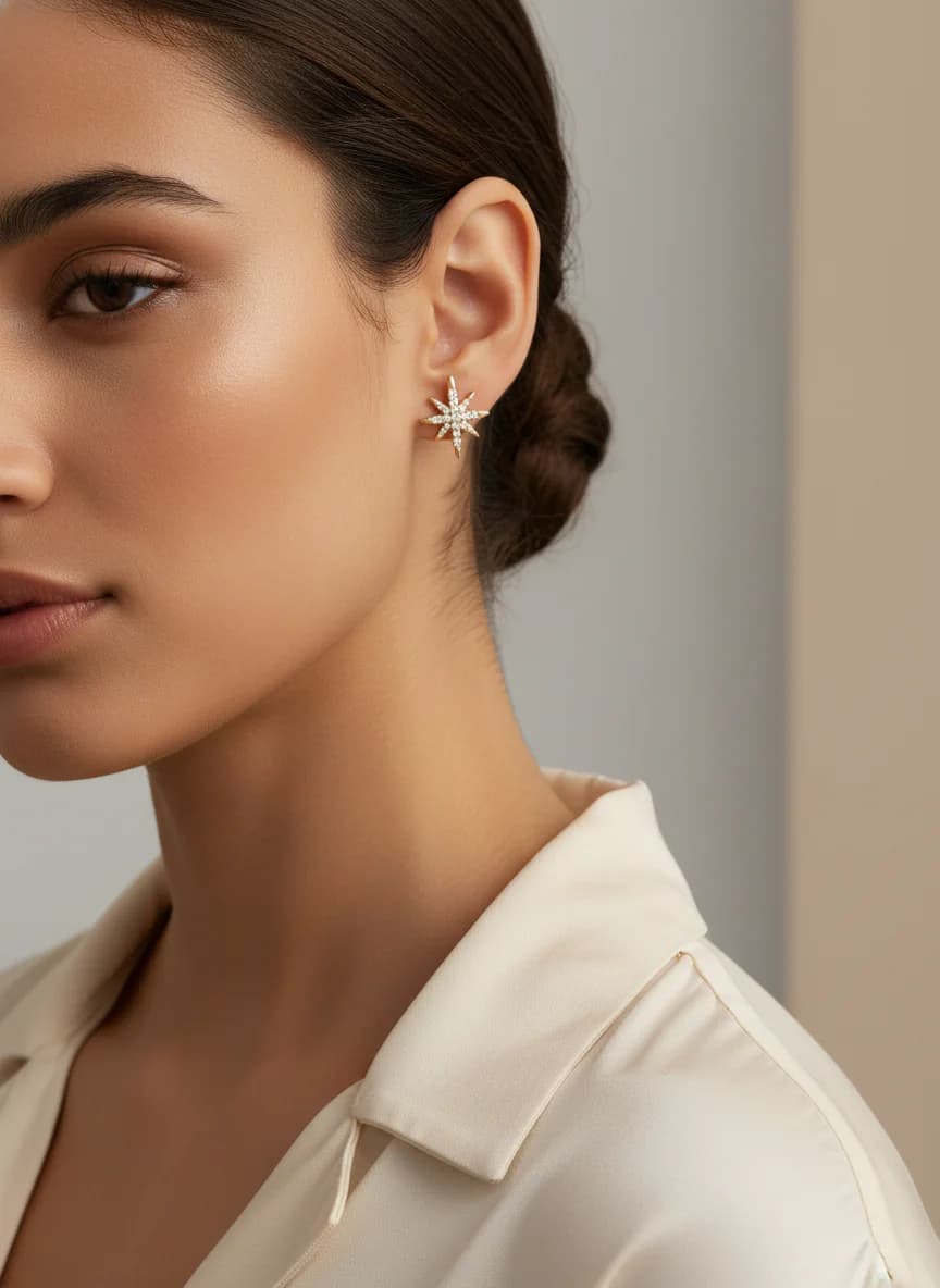 Altın Rengi Zirkon Taşlı Yıldız Küpe | Işıltılı Kadın Küpesi