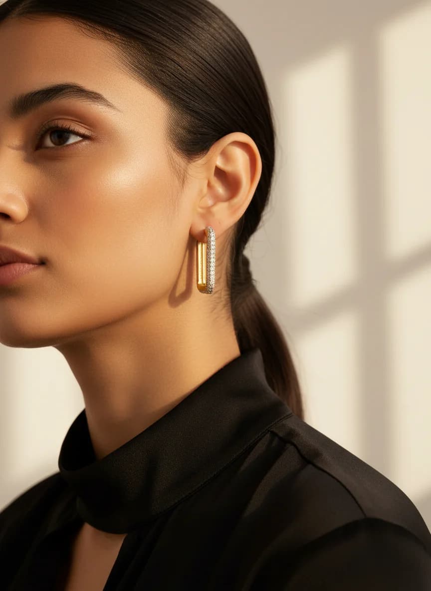 Altın Renk Geometrik Zirkon Taşlı Kare Küpe