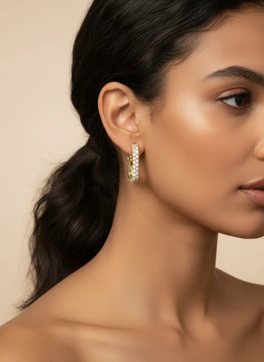 Altın Rengi Elips Halka Zirkon Taşlı Şık Küpe