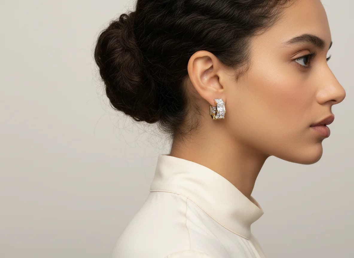 Altın Rengi Kare Zirkon Taşlı Huggie Halka Küpe