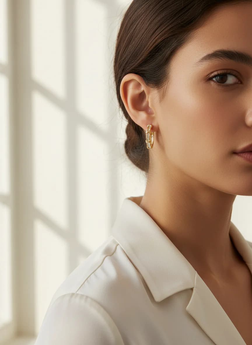 Zarif Altın Rengi Baget Taşlı Halka Küpe