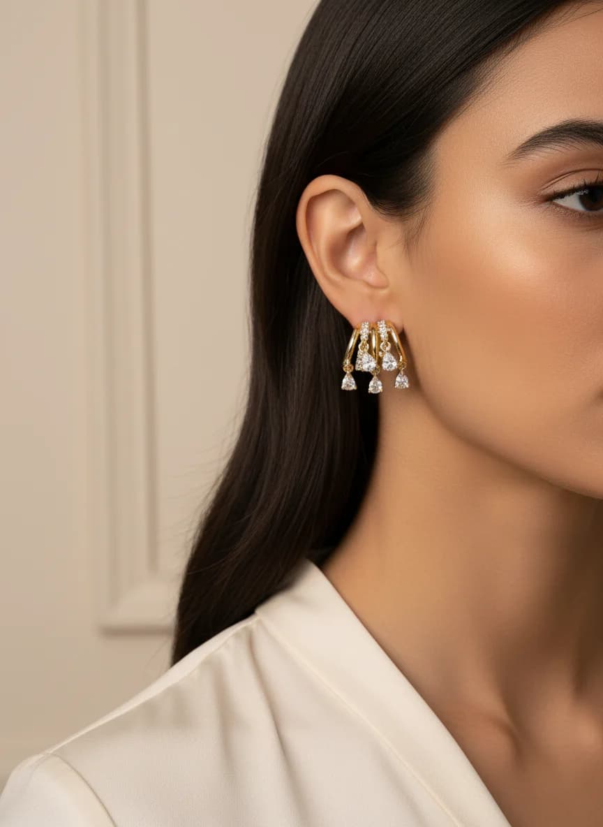 Altın Rengi Zirkon Taşlı Şık Sallantılı Küpe