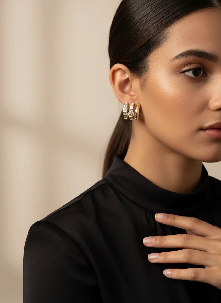 Üç Sıralı Zirkon Taşlı Gold Rengi Halka Küpe