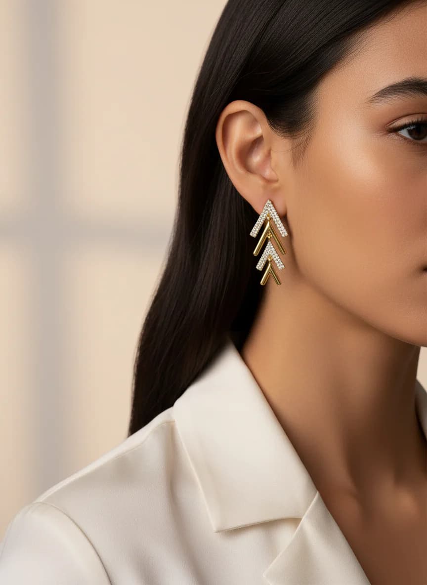 Altın Rengi Zirkon Taşlı Modern Geometrik Küpe