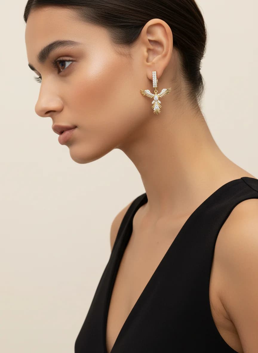 Zirkon Taşlı Altın Rengi Melek Kanadı Sallantılı Küpe