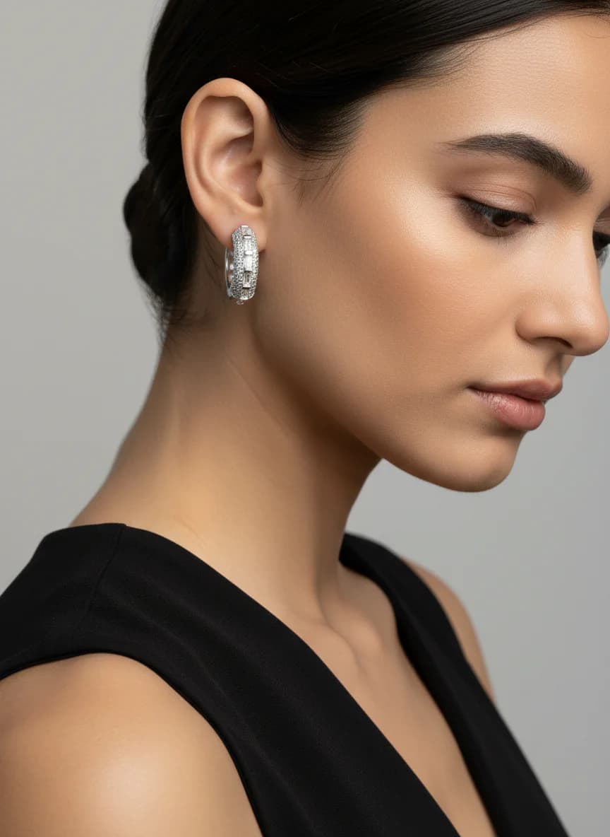 Pırlanta Görünümlü Gümüş Renk Taşlı Halka Küpe